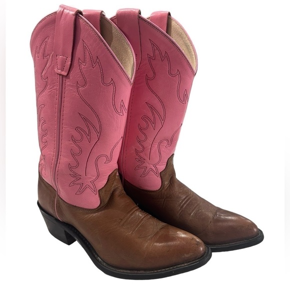 Old West Shoes - Vtg Old West Tan Corona With Pink Leather Western Cowboy boots size 6 trendy
